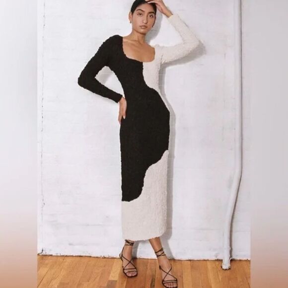 New Mara Hoffman Amy Popcorn Midi Dress Black/ Cream Large - Picture 1 of 16